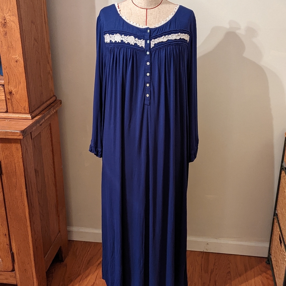 Eileen West Navy Blue Long Nightgown with White Lace Trim